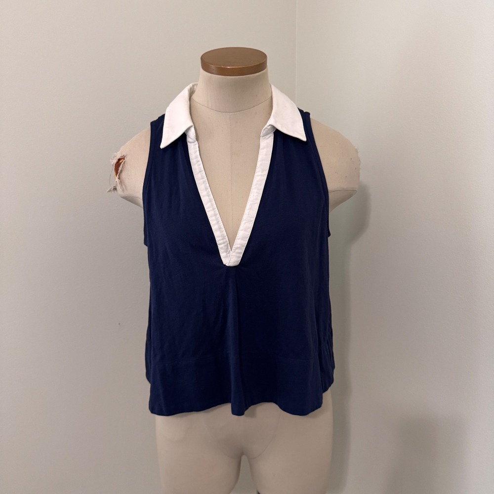 Maeve Navy Blue Sleeveless Polo Tank with White Collar